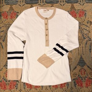 Faherty Cassie White and Tan Henley Sweater XL